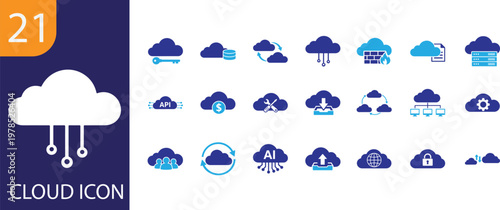 Cloud icon set with online storage, data sync, backup, hosting, and computing technology design