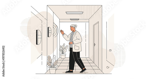 Person activating a smart home device in a modern hallway with indoor plants decor