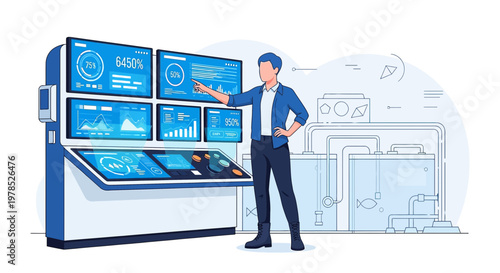 Person interacting with advanced control panel, observing data visualization and monitoring system