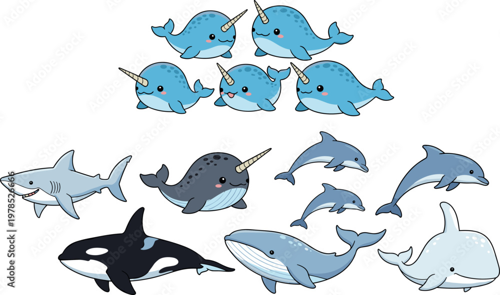 Fototapeta premium Cute cartoon whales, dolphins, narwhals and shark illustration set, marine animals collection, ocean wildlife vector
