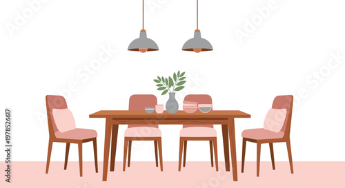 A minimalist dining room scene features a wooden table four chairs and hanging pendant lights
