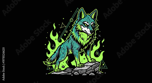 Stylized Wolf Mascot Illustration Standing on a Rock with Green Neon Flames and Geometric Background
