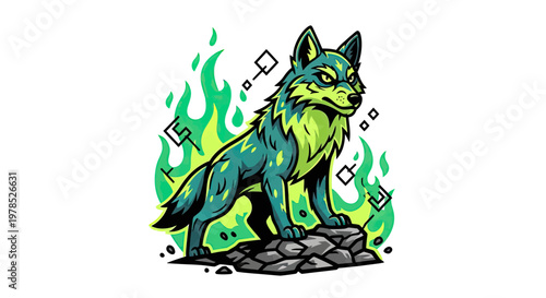 Green and Blue Mystical Wolf Mascot Illustration Standing on Rocks with Green Flames and Geometric Elements, Vector Art for Gaming and Esports
