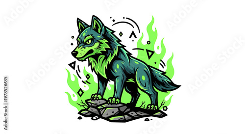 Stylized Green Wolf Mascot Standing on Rocks with Neon Flames, Fierce E-sports Predator Vector Illustration