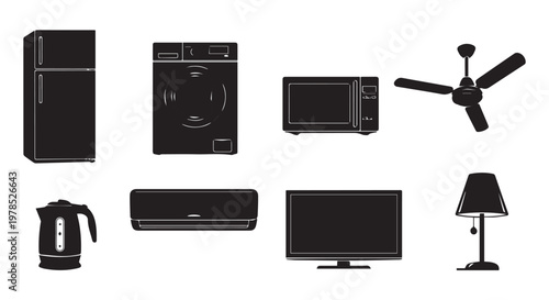 A collection of black and white icons of household appliances and electronics on a plain background