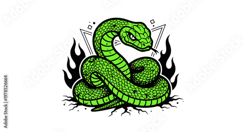 Aggressive Coiled Green Snake Mascot Illustration with Flames and Geometric Shapes
