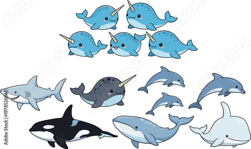 Cute cartoon whales, dolphins, narwhals and shark illustration set, marine animals collection, ocean wildlife vector