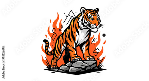 Powerful Tiger Standing on Rocks with Abstract Flames and Geometric Mountain Elements Vector Illustration