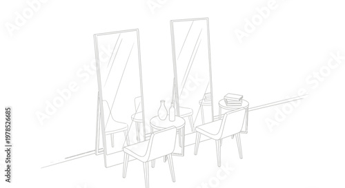 A minimalist line drawing depicts two full length mirrors chairs and small tables within a room setting
