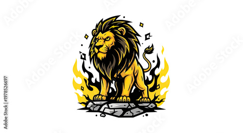 Powerful Lion Mascot Character Standing on Cracked Rocks with Stylized Fire Flames, Vector Illustration for Logo or Gaming Team Emblem