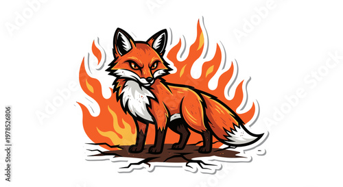 Fierce Red Fox Mascot Standing in Front of Flaming Fire, Vector Illustration of Powerful Animal on Cracked Ground Isolated on White Background