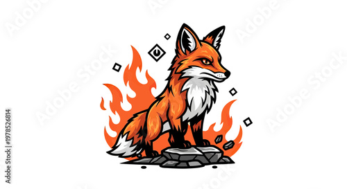 Fierce Red Fox Mascot Vector Illustration Standing on Rocks with Stylized Fire Flames Background for Gaming or Sports Logo