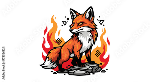 Powerful Red Fox Mascot Vector Illustration Standing on Rocks with Fire Flames Background and Geometric Symbols