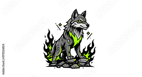 Powerful Wolf Mascot Logo Illustration with Neon Green Accents and Flames Standing on Rocks