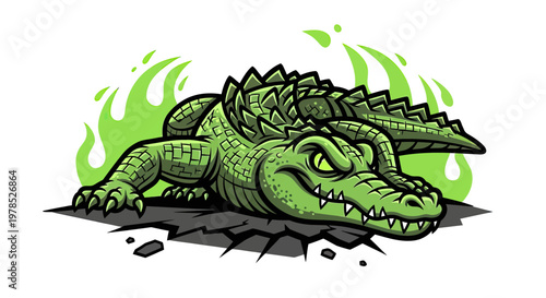 Angry Crocodile Mascot Vector Illustration, Fierce Alligator Graphic with Green Flames and Cracked Ground Background
