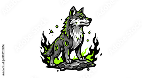 Majestic Wolf Mascot Standing on Rocks with Green Glowing Accents and Black Flames Background, Vector Esport Logo Design