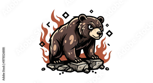 Fierce Grizzly Bear Mascot Character Standing on Rocks with Fire Elements Vector Illustration