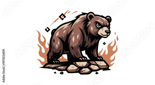 Aggressive Grizzly Bear Mascot Vector Illustration Standing on Rocks with Fire Background
