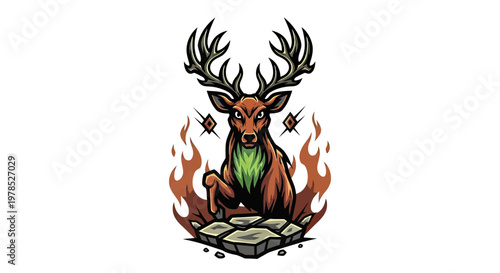 Powerful Deer Buck Mascot Logo with Large Antlers and Fire Elements Standing on Cracked Stone, Fierce Stag Vector Illustration for Esports and Sports Branding
