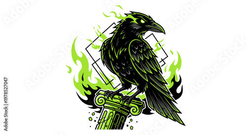 Gothic Black Raven Mascot Perched on Ancient Greek Column with Mystical Green Fire Flames, Vector Fantasy Illustration