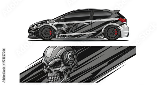 Modern Hatchback Car Wrap Design with Cybernetic Skull Graphics and Racing Stripes