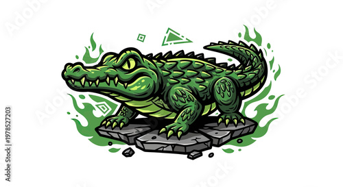 Fierce Green Crocodile Mascot Illustration Standing on Cracked Stone with Green Flames Background, Vector Cartoon Alligator Character Logo