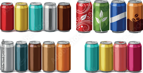 Aluminum beverage cans collection with colorful designs realistic vector illustration soda drink packaging isolated on background