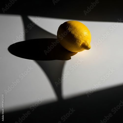 A single vibrant yellow lemon casts a dramatic, elongated shadow on a stark, minimalist surface with harsh lighting.