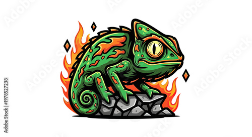 Vibrant Green Chameleon Mascot Vector Illustration Sitting on a Rock with Fire and Flames Background