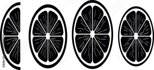 Citrus fruit slices silhouette set with lemon and orange cross sections black vector illustration minimal design isolated background