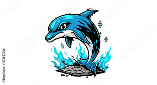 Dolphin Mascot Vector Illustration Jumping from Cracked Ground with Blue Flames for E-sports Team Logo and Gaming Design