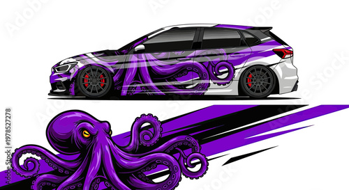 Vector Car Wrap Design Template with Purple Octopus Graphic and Abstract Stripes for Sport Hatchback Livery