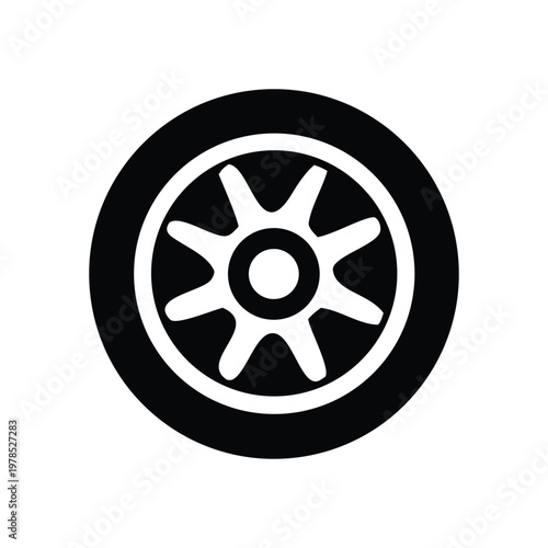 Black and white illustration of a car wheel, a circular automotive component with spokes, designed for mobility and traction on roads