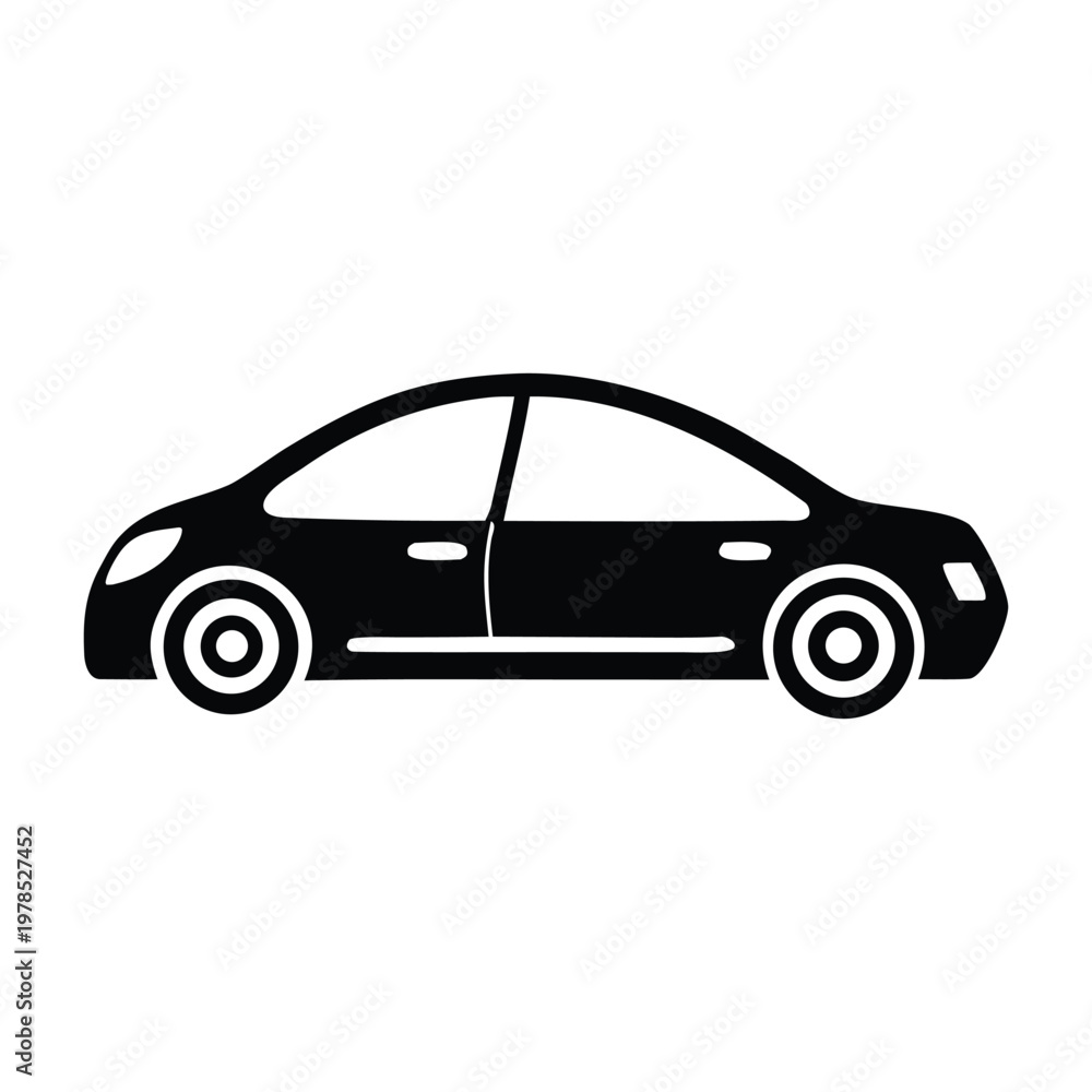 Naklejka premium Sleek Black Silhouette Car Icon Representing Modern Transportation and Automotive Mobility. Ideal for Digital Interfaces, Mobile Apps, and Vehicle-Related Designs