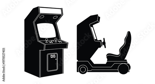 Black and white illustration of arcade racing game machines