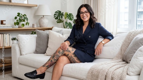 Free Download A confident woman with tattoos sits on a couch in a stylish living room. - GFXLoad