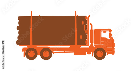 Orange flatbed truck transporting a large load of wooden logs