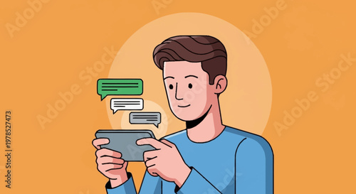 Man engrossed in smartphone messaging, surrounded by chat bubbles.