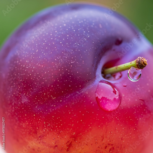 A beautiful, ripe purple plum is delicately adorned with glistening water droplets, highlighting its smooth skin.