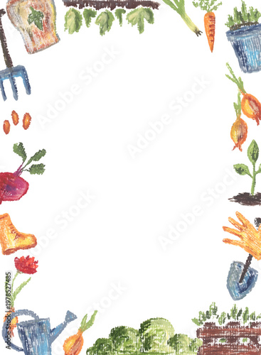 Gardening and planting. Vector frame from hand painted decoration elements.