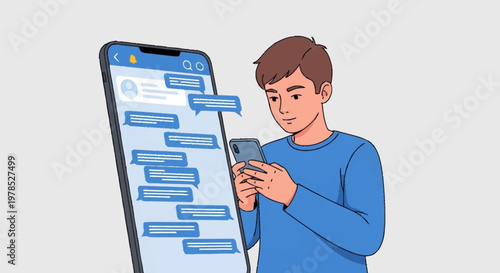 Man engrossed in smartphone amidst a flurry of messages.