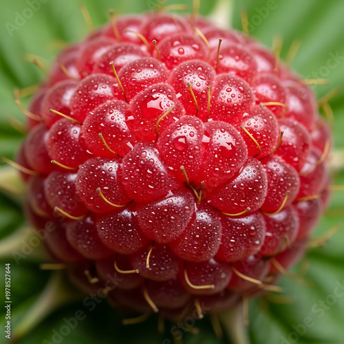 A close-up macro shot of a fresh red raspberry covered in tiny water droplets on a green leaf background.