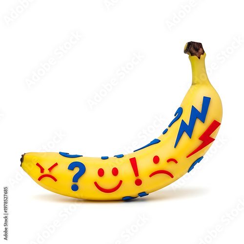 A ripe yellow banana is humorously adorned with various blue and red emoji expressions and symbols on a clean white background.