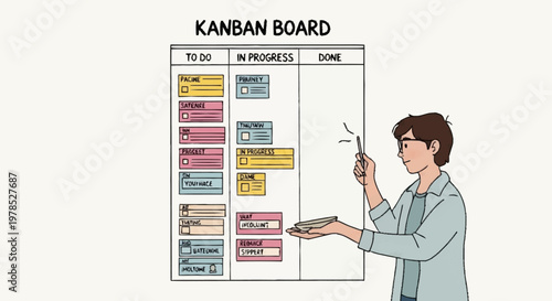 Man Presenting Kanban Board with To Do, In Progress, and Done Columns.