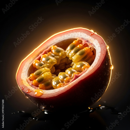 A vibrant passion fruit, cut in half, glows with an intense backlighting, highlighting its juicy pulp and seeds.