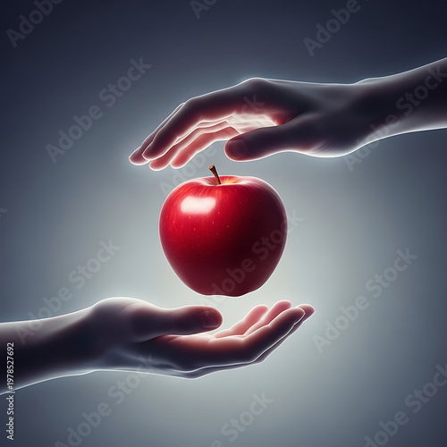 Two human hands gently present a shiny red apple floating in a soft, ethereal glow against a dark background.
