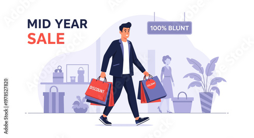 Shopping during mid year sale with bags in a store on a bright day