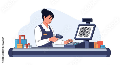 Cashier scanning items at a grocery store checkout during daytime hours in a busy retail environment