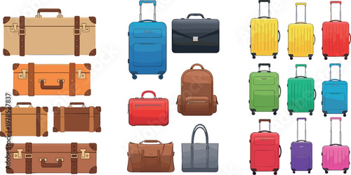 Travel luggage set with suitcases, backpacks and vintage trunks isolated on white background, colorful baggage vector illustration collection