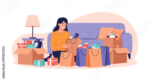 Woman sorts gifts at home during daytime with many boxes around her